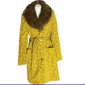 Mustard Mustard  & Brown Faux Fur Tapestry Floral Print Belted Coat M